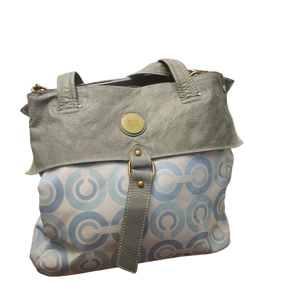 Coach Signature Op Art Print Tote Bag Gray Leather Trim Shoulder Handbag Purse - Picture 2 of 10
